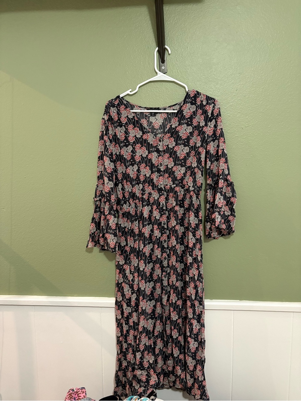 Lucky Brand Black Floral Midi Dress with Pink Blooms